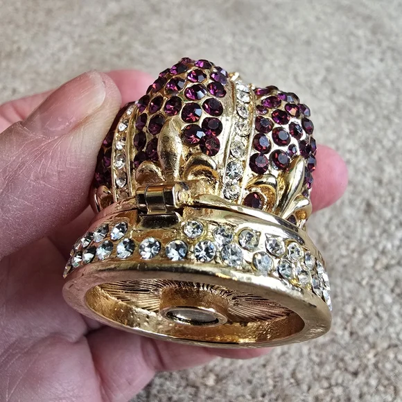 Rhinestone Crown Trinket Box Purple Crystal Gold Tone Jewelry Holder Royal - Picture 3 of 14